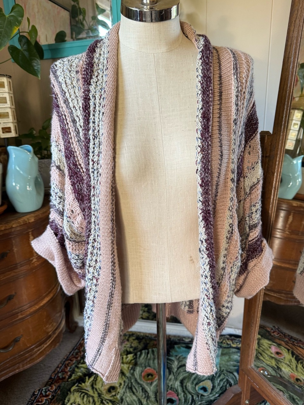Sonoma Open-Front Striped Knit Cardigan in Rose and Mauve, XL